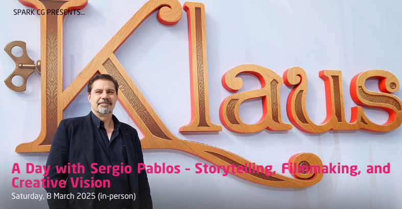 Sergio Pablos standing in front of a sign for his film "Klaus"