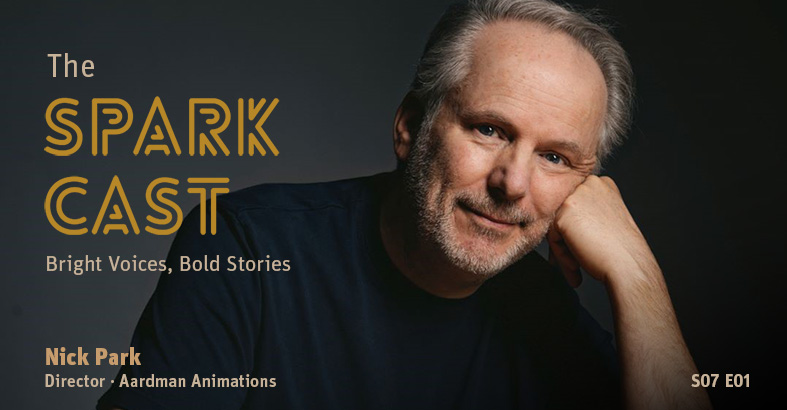 Nick Park looking pensively into the camera while resting his head on his hand