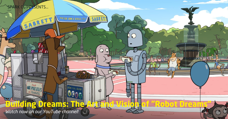 Movie still from animated feature film "Robot Dreams"